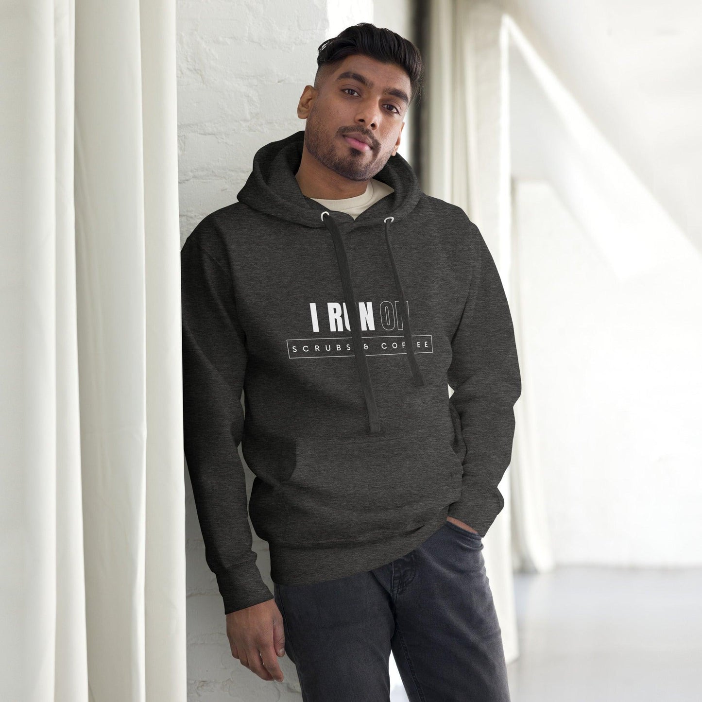 Premium Crew Neck Hoodie - I run on scrubs & coffee